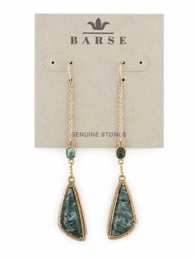 Barse Seraphinite Gold and Dark Green Dangle Threader Earrings NWT